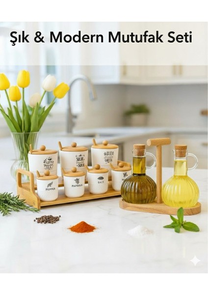 11 Parça Luxury Mutfak Seti - Seramik Baharatlık ve Ahşap Standlı Yağdanlık modelleri