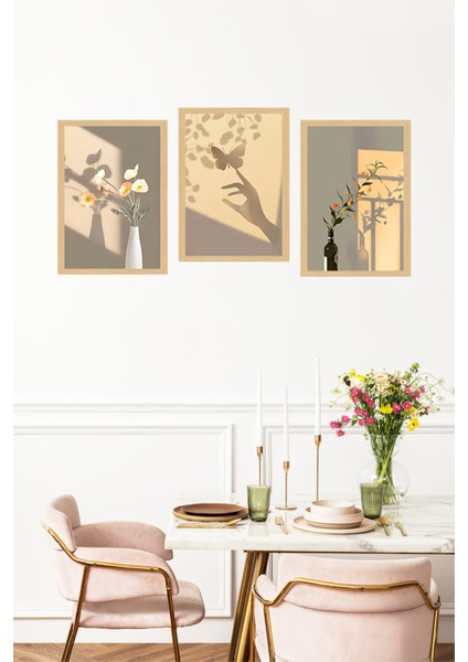 🌿 Gün Işığında Gölge Çiçekler ve Kelebek Temalı 3'lü Çerçeve Görünümlü Tablo Seti🌟 CRVS1100 13 x 17 fırsatları