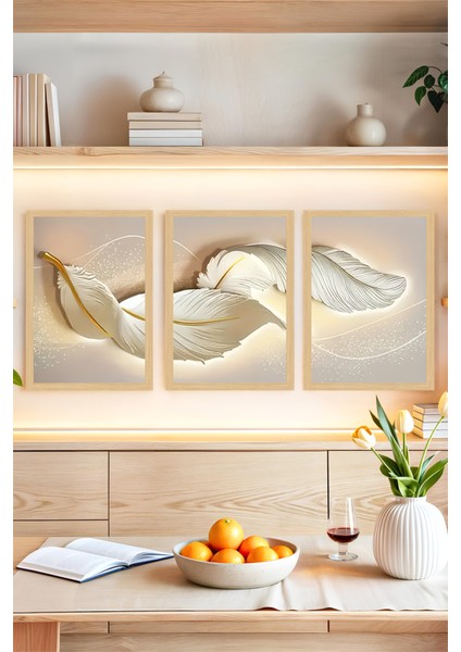 🌿 Altın Detaylı Beyaz Tüyler Temalı 3'lü Dekoratif Çerçeve Görünümlü Tablo Seti 🌟 CRVS1097 13 x 17