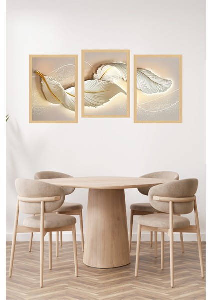 🌿 Altın Detaylı Beyaz Tüyler Temalı 3'lü Dekoratif Çerçeve Görünümlü Tablo Seti 🌟 CRVS1097 13 x 17 fiyatları