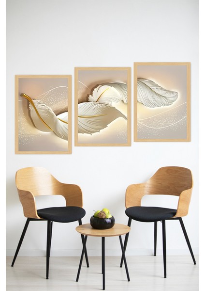 🌿 Altın Detaylı Beyaz Tüyler Temalı 3'lü Dekoratif Çerçeve Görünümlü Tablo Seti 🌟 CRVS1097 13 x 17 modelleri