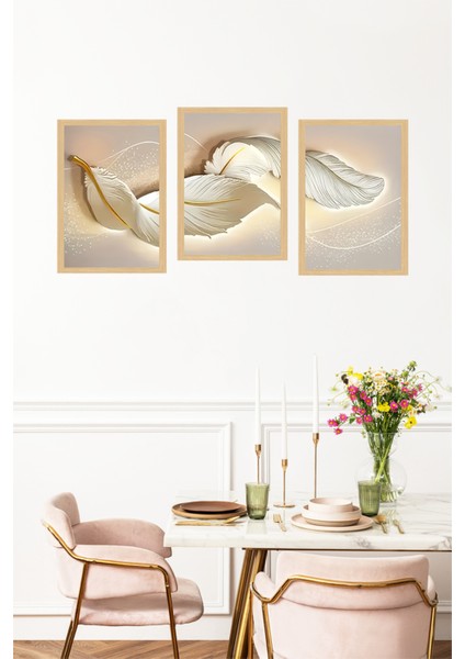 🌿 Altın Detaylı Beyaz Tüyler Temalı 3'lü Dekoratif Çerçeve Görünümlü Tablo Seti 🌟 CRVS1097 13 x 17 fırsatları