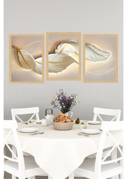 🌿 Altın Detaylı Beyaz Tüyler Temalı 3'lü Dekoratif Çerçeve Görünümlü Tablo Seti 🌟 CRVS1097 13 x 17 indirimleri