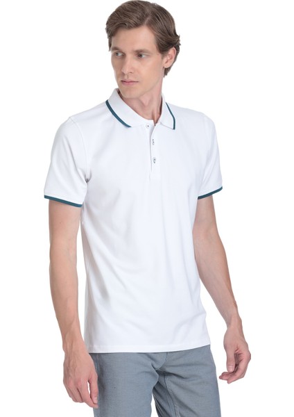 Beyaz Regular Fit Polo Yaka Pamuklu Rayon Tişört