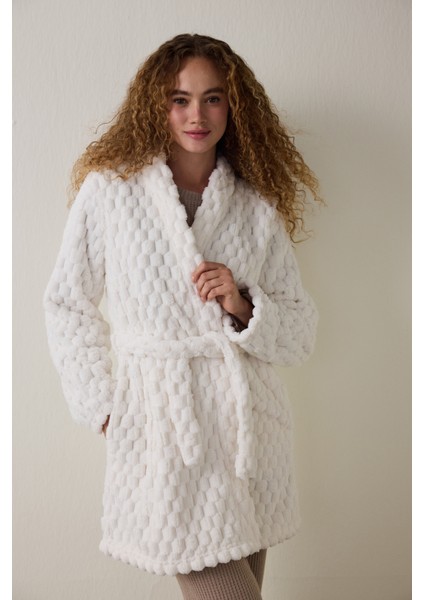 Kırık Beyaz Dreamy Fluffy Kuşaklı Sabahlık