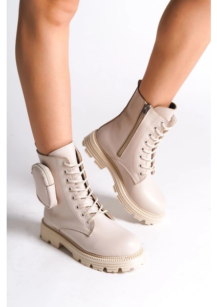 Gına Bağcıklı Fermuarlı Ortopedik Taban Çantalı Kadın Bot Kt - Krem