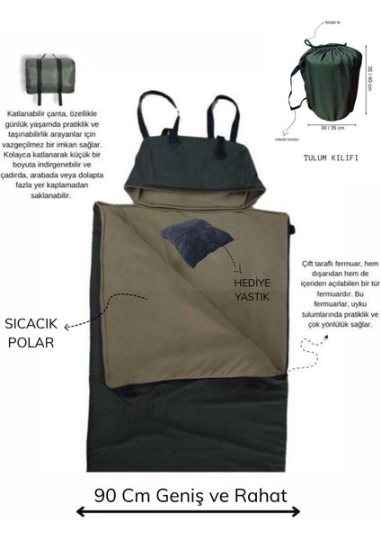 Geniş Haki Uyku Tulumu(-25 ) Mikro Su Itici (215×90 Cm) 200 gr ELYAF/180 gr Polar Kamp&deprem