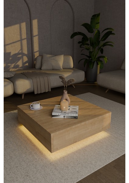 LED Işık Aydınlatmalı Uçan Kare Orta Sehpa Küp Sehpa Safir Meşe