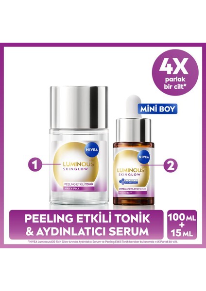 LUMINOUS630 Skin Glow Anında Aydınlatıcı Serum 15ML ve Peeling Etkili Tonik 100ML, Eşit Cilt Tonu