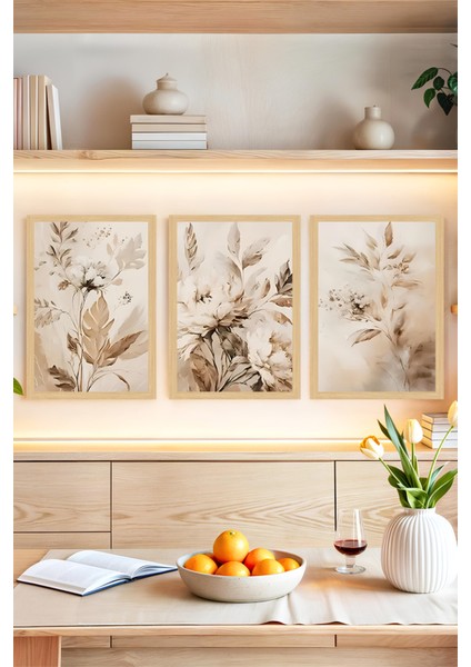 🌿 Bej ve Toprak Tonlarında Suluboya Çiçekler – 3’lü Çerçeve Görünümlü Tablo Seti🌟 CRVS1119 13 x 17