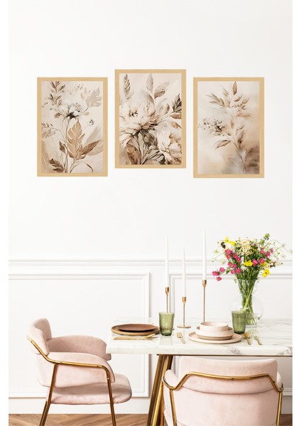 🌿 Bej ve Toprak Tonlarında Suluboya Çiçekler – 3’lü Çerçeve Görünümlü Tablo Seti🌟 CRVS1119 13 x 17 fırsatları