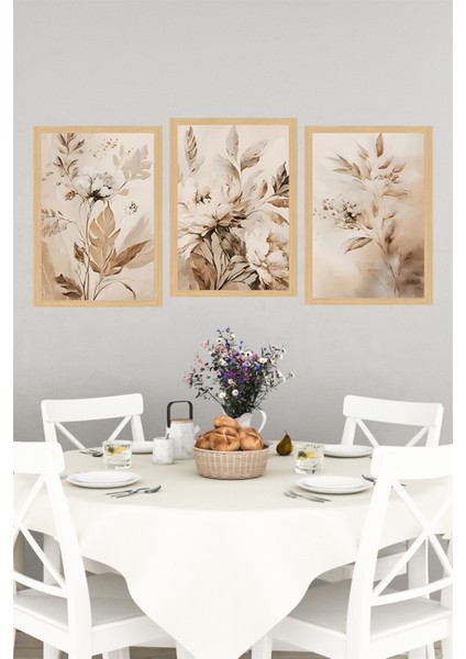 🌿 Bej ve Toprak Tonlarında Suluboya Çiçekler – 3’lü Çerçeve Görünümlü Tablo Seti🌟 CRVS1119 13 x 17 indirimleri