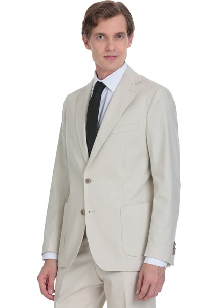 Bej Comfort Fit Mono Yaka Klasik Takım Elbise