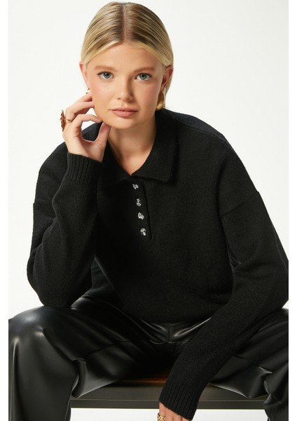Kadın Otto Yumuşak Dokulu Pola Yaka Siyah Kazak
