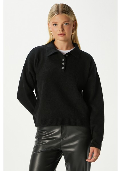 Kadın Otto Yumuşak Dokulu Pola Yaka Siyah Kazak fiyatları