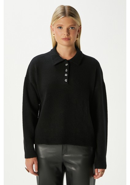 Kadın Otto Yumuşak Dokulu Pola Yaka Siyah Kazak modelleri