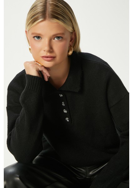 Kadın Otto Yumuşak Dokulu Pola Yaka Siyah Kazak indirimleri