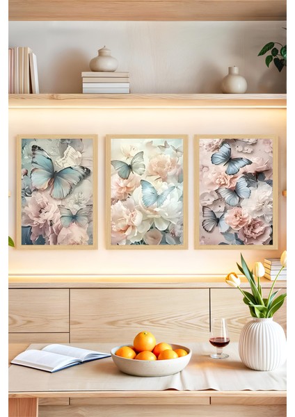 🦋 Kelebek ve Çiçek Temalı Çerçeve Görünümlü 3'lü Tablo Seti🌟 CRVS1117 13 x 17