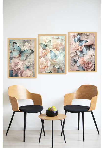 🦋 Kelebek ve Çiçek Temalı Çerçeve Görünümlü 3'lü Tablo Seti🌟 CRVS1117 13 x 17 modelleri