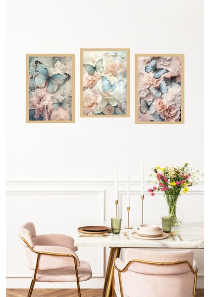 🦋 Kelebek ve Çiçek Temalı Çerçeve Görünümlü 3'lü Tablo Seti🌟 CRVS1117 13 x 17 fırsatları