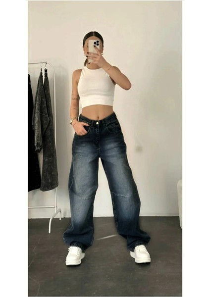 Aden Baggy Koyu Mavi Yıkamalı Toka Detaylı Bol Kesim Geniş Paça Rahat Jean Kot Salaş Kadın Pantolon Mevsimlik Salaş Günlük