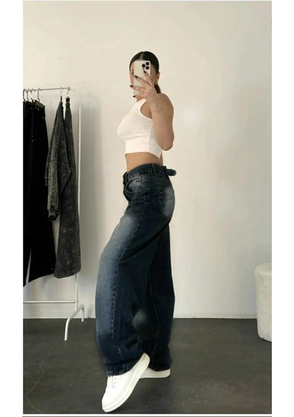 Aden Baggy Koyu Mavi Yıkamalı Toka Detaylı Bol Kesim Geniş Paça Rahat Jean Kot Salaş Kadın Pantolon Mevsimlik Salaş Günlük fiyatları