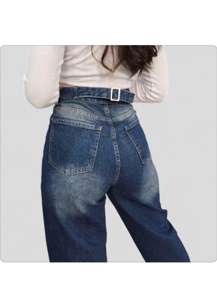 Aden Baggy Koyu Mavi Yıkamalı Toka Detaylı Bol Kesim Geniş Paça Rahat Jean Kot Salaş Kadın Pantolon Mevsimlik Salaş Günlük modelleri
