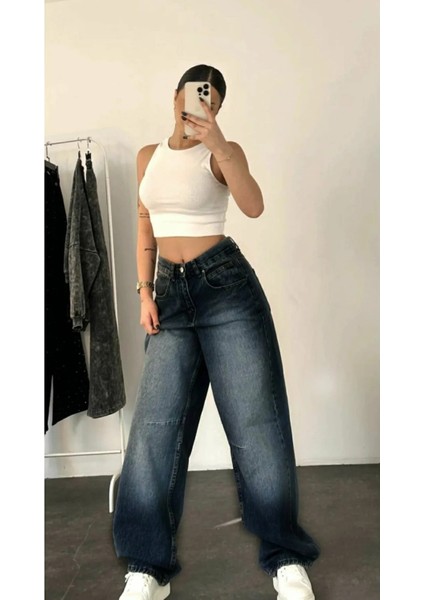 Aden Baggy Koyu Mavi Yıkamalı Toka Detaylı Bol Kesim Geniş Paça Rahat Jean Kot Salaş Kadın Pantolon Mevsimlik Salaş Günlük fırsatları