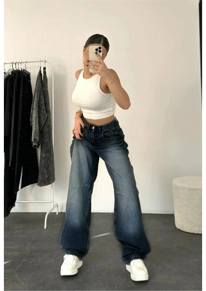 Aden Baggy Koyu Mavi Yıkamalı Toka Detaylı Bol Kesim Geniş Paça Rahat Jean Kot Salaş Kadın Pantolon Mevsimlik Salaş Günlük indirimleri