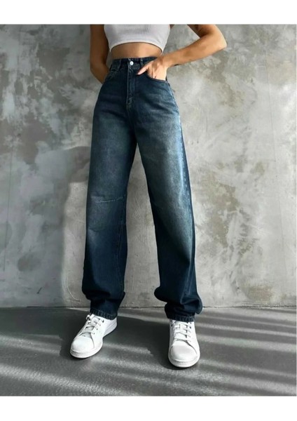 Aden Baggy Koyu Mavi Yıkamalı Toka Detaylı Bol Kesim Geniş Paça Rahat Jean Kot Salaş Kadın Pantolon Mevsimlik Salaş Günlük