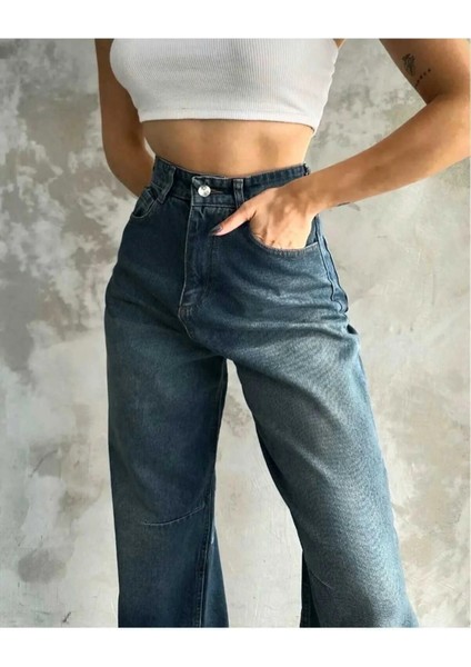 Aden Baggy Koyu Mavi Yıkamalı Toka Detaylı Bol Kesim Geniş Paça Rahat Jean Kot Salaş Kadın Pantolon Mevsimlik Salaş Günlük