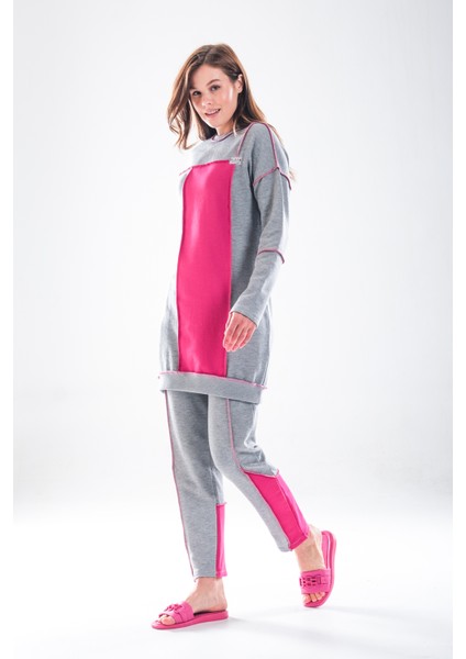 2277_KADIN Tesettür Homewear Eşofman Takım – Bisiklet Yaka Sweat, Dikiş Detaylı, Havuç Fit, Fuşyagri fiyatları