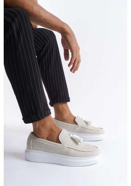 SLW154 Blaze Bağcıksız Püsküllü Keten Erkek Günlük Spor Klasik Ayakkabı Kbt - Beyaz