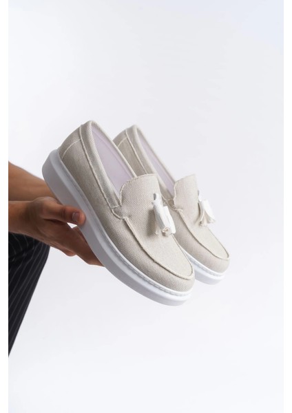 SLW154 Blaze Bağcıksız Püsküllü Keten Erkek Günlük Spor Klasik Ayakkabı Kbt - Beyaz fırsatları