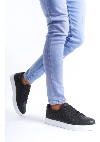 SLW166 Prestige Bağcıklı Cilt Kapitone Desenli Erkek Günlük Sneaker Ayakkabı Cbt - Siyah modelleri