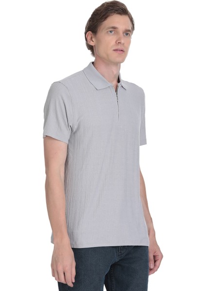 Gri Regular Fit Fermuarlı Polo Yaka Tişört