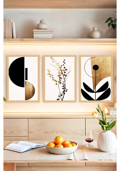 🖼️ Modern Çerçeve Görünümlü 3’lü Tablo Seti – Siyah Altın Geometrik ve Doğal Formlar 🌿✨ CRVS1121 13 x 17