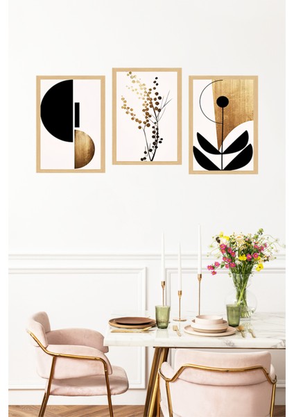 🖼️ Modern Çerçeve Görünümlü 3’lü Tablo Seti – Siyah Altın Geometrik ve Doğal Formlar 🌿✨ CRVS1121 13 x 17 fırsatları