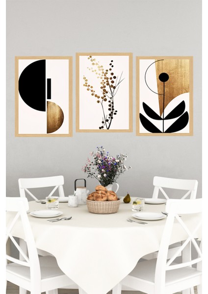 🖼️ Modern Çerçeve Görünümlü 3’lü Tablo Seti – Siyah Altın Geometrik ve Doğal Formlar 🌿✨ CRVS1121 13 x 17 indirimleri