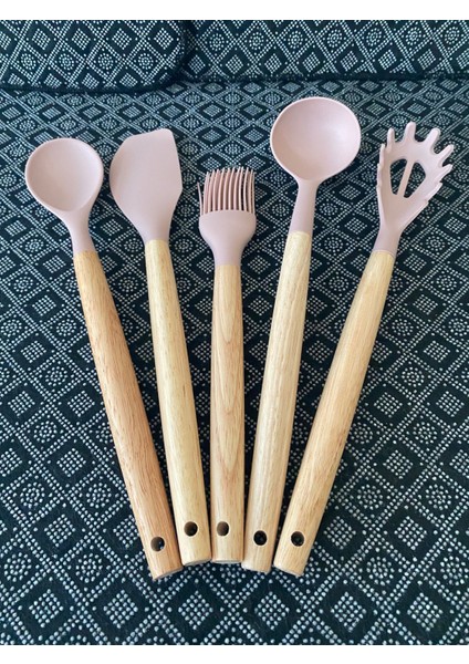 Bambu Saplı Silikon Kepçe Kaşık Seti 5'li