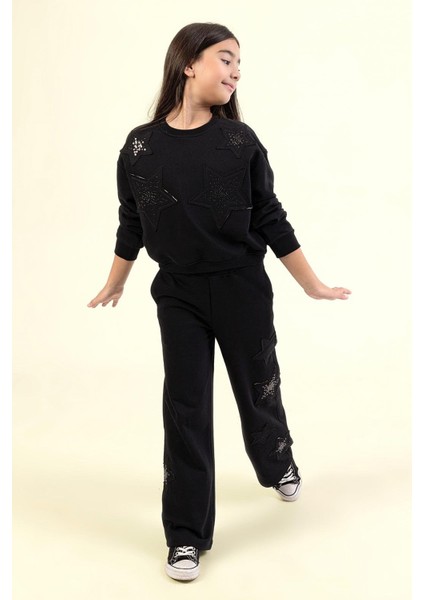 Kız Çocuk Yıldızlı Eşofman Takım 9-14 Yaş Siyah