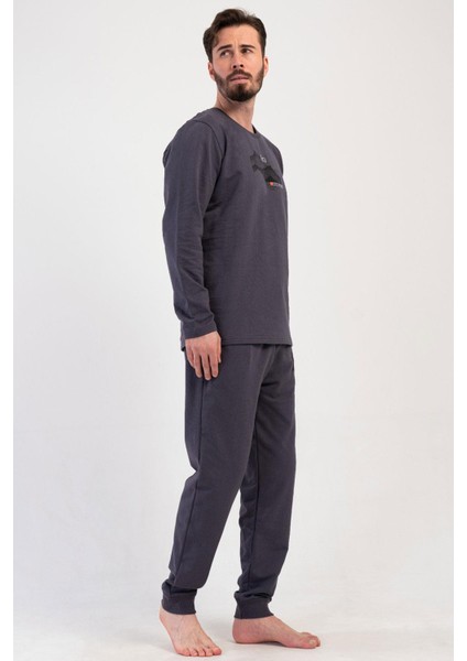 Erkek Füme Renk %100 Pamuk Pijama Takımı – Bisiklet Yaka, Uzun Kol, Lastikli Paça C3T0N0114 fiyatları