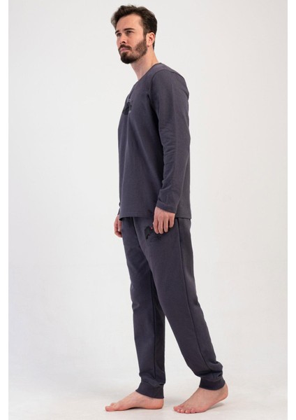 Erkek Füme Renk %100 Pamuk Pijama Takımı – Bisiklet Yaka, Uzun Kol, Lastikli Paça C3T0N0114 modelleri