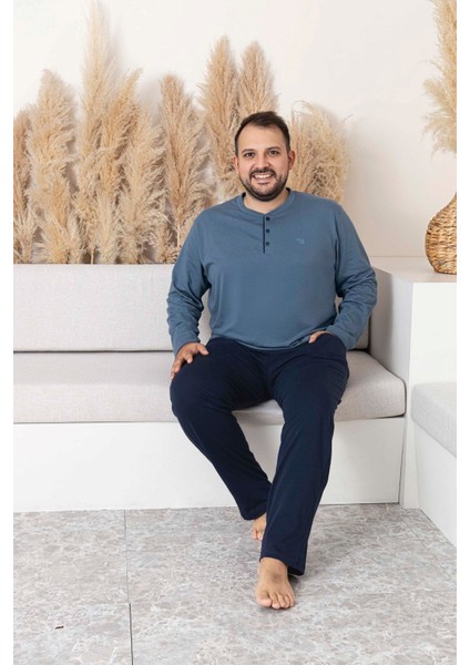 Erkek Füme Lacivert Büyük Beden 3 Düğmeli %100 Pamuk Mevsimlik Uzun Kol Cepli Pijama Takımı modelleri