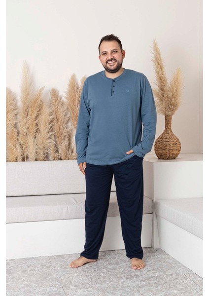 Erkek Füme Lacivert Büyük Beden 3 Düğmeli %100 Pamuk Mevsimlik Uzun Kol Cepli Pijama Takımı fırsatları