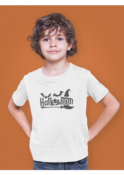 Halloween Yarasa Balkabağı Cadı Şapkası ve Süpürge Çocuk Tişört T-Shirt