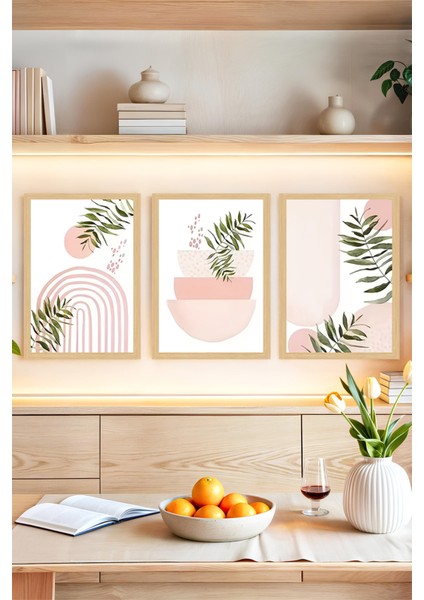 🌿 Pembe Tonlarda Bitkisel Modern 3’lü Tablo Seti – Çerçeve Görünümlü🌟 CRVS1124 13 x 17