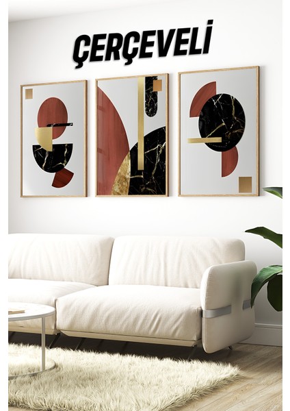 🖤 Altın Detaylı Geometrik Modern Çerçeveli 3’lü Tablo Seti 🌿 CRV1130 23 x 32