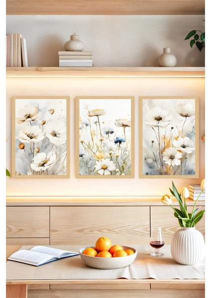 🌼 Su Bazlı Pastel Renklerde Papatya Desenli 3’lü Çerçeve Görünümlü Tablo Seti 🌼 CRVS1116 13 x 17