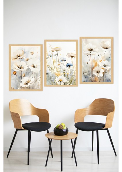 🌼 Su Bazlı Pastel Renklerde Papatya Desenli 3’lü Çerçeve Görünümlü Tablo Seti 🌼 CRVS1116 13 x 17 modelleri